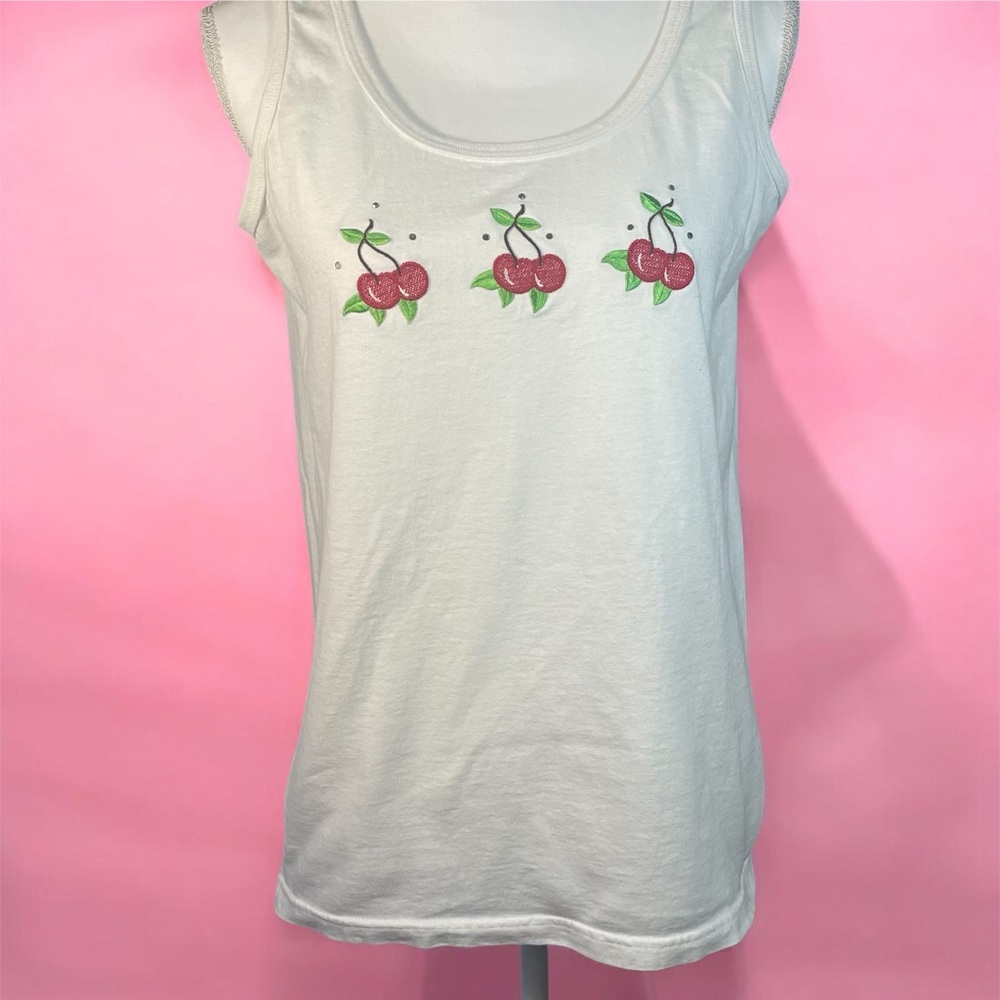 Cherry Embroidered White Tank Top Medium